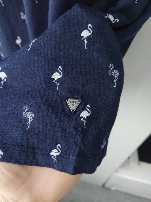 GUESS Los Angeles granatowa koszulka polo w białe flamingi roz. L