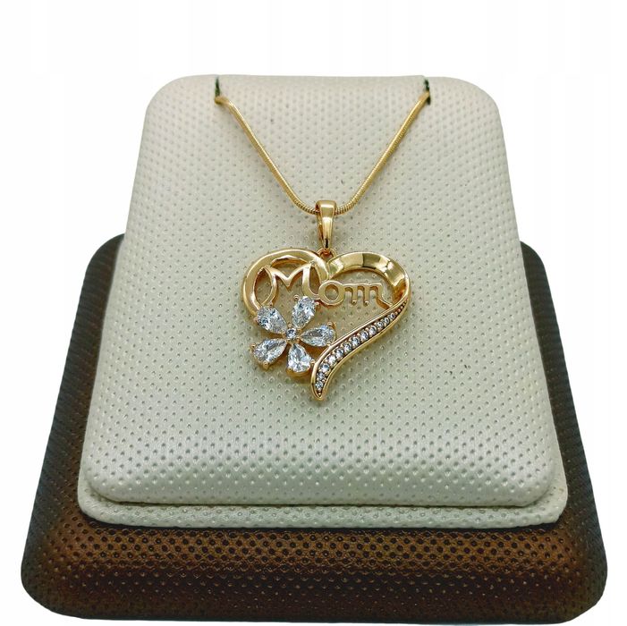 Złoty Naszyjnik Serce Brylantowy Kwiat Mom --- N314