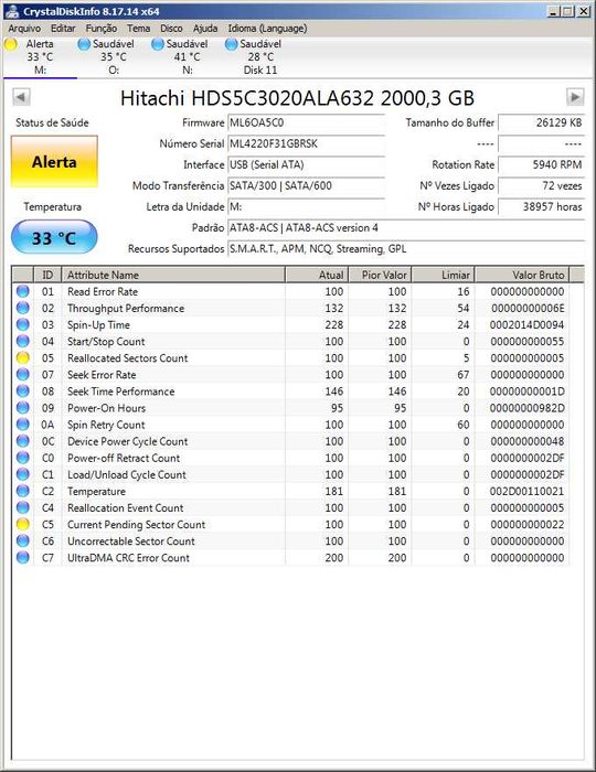 Disco Hitachi 3.5" SATA 2TB com bad sectors