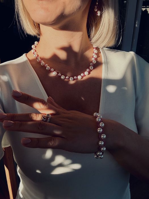 Komplet „Perły w malinach” naszyjnik bransoletka Maraya