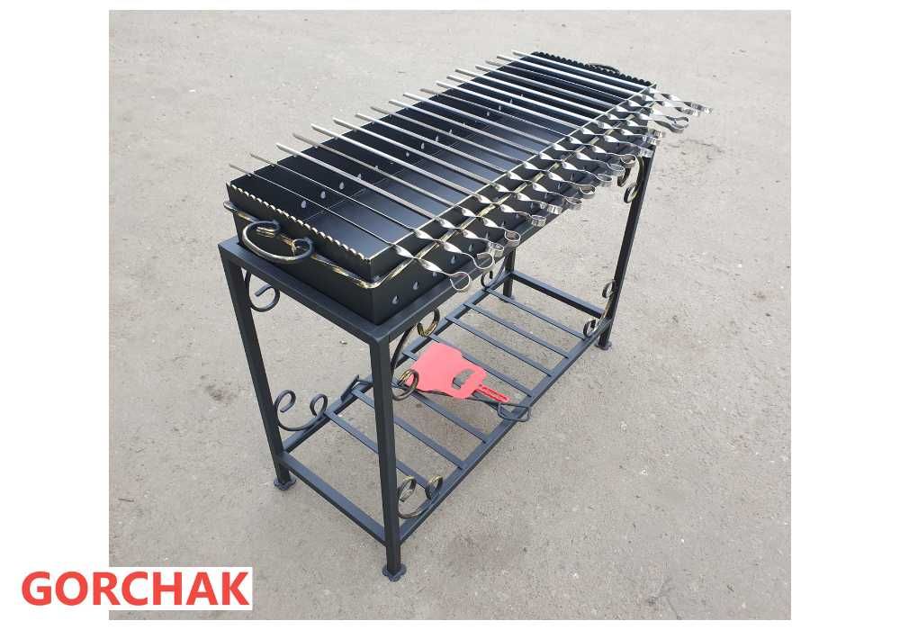 Мангал на 18 шампурів, сталь 4 мм, на прямокутній стійці з дровницею