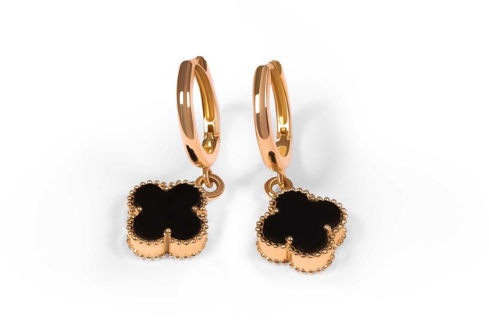 Серьги клевер из красного золота с ониксом
