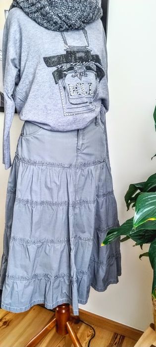 Szara, bawełniana spódnica maxi, falbanki, bawełna