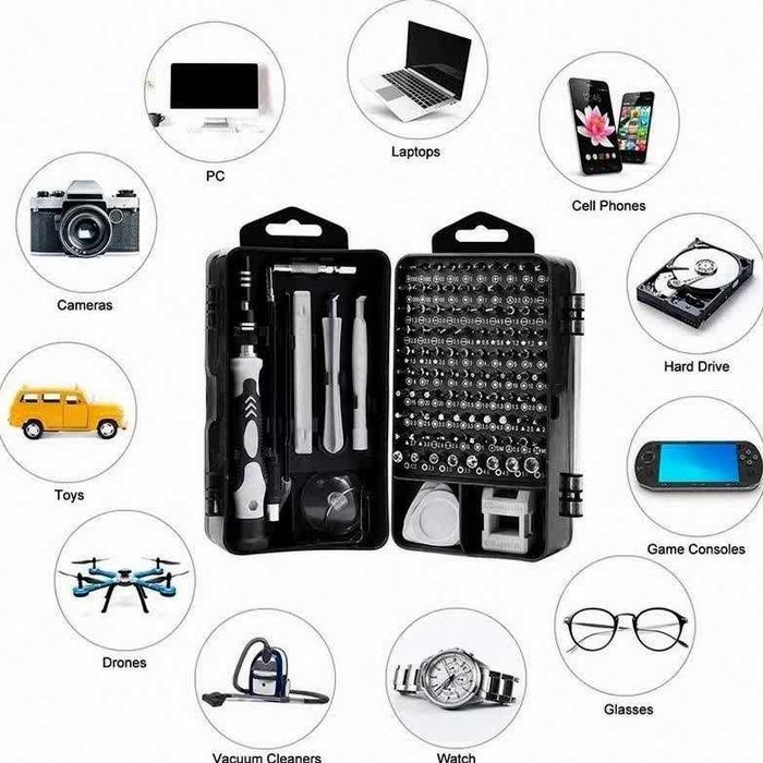 Набор магнитных отверток 115в1 для ремонта электроники в одном кейсе