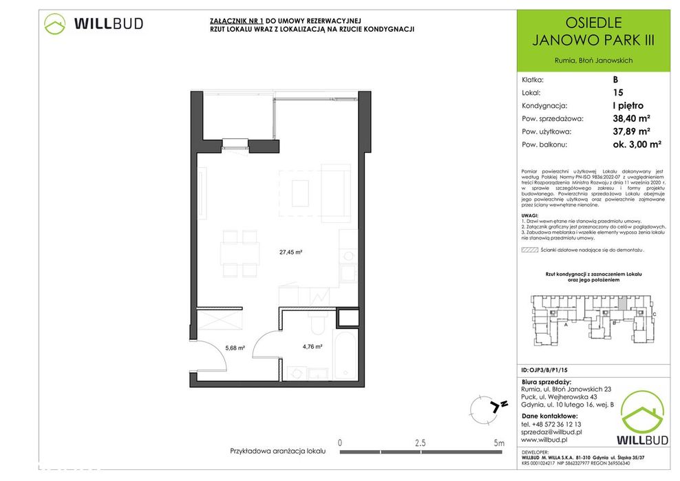 Obszerna kawalerka 37,89m2 Rumia Janowo