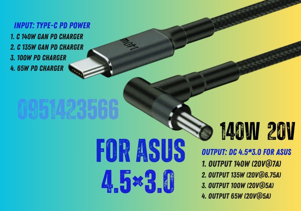 7.4×5.0 Dell, HP 4.5×3.0 ASUS 140W 7A кабель для ноутбука Type-C to DC