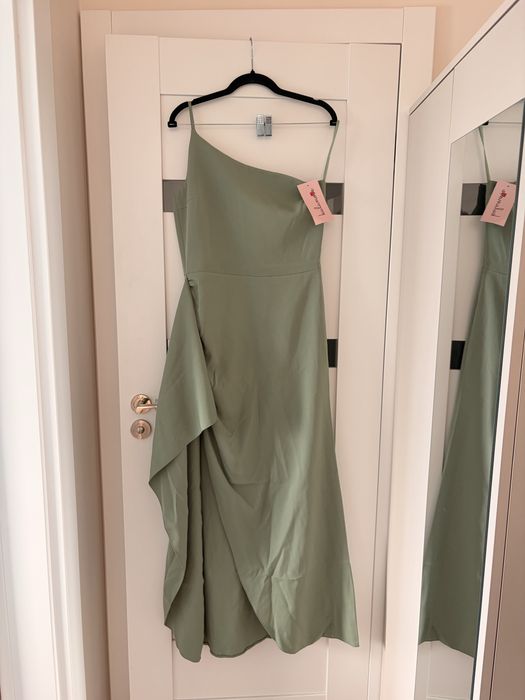 Szalwiowa sukienka asymetryczna Kulunove L Sage green
