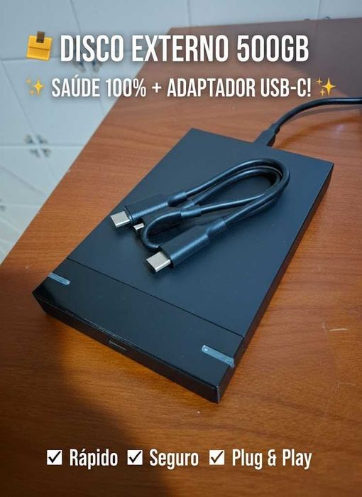 Disco Externo 500GB (Saude 100%) + Cabo e Adaptador USB-C