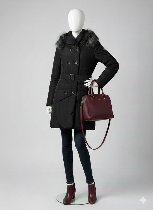 Elegancki Czarny Płaszcz Zimowy z Paskiem i Futerkiem .  Rozmiar 36.