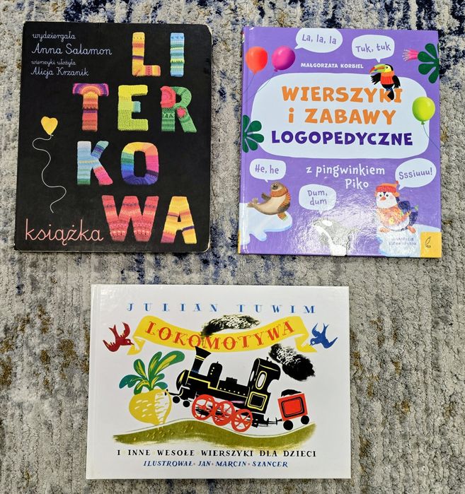 3 książki edukacyjne dla dzieci – Literkowa, logopedyczna, Lokomotywa