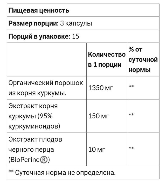 Куркумин премиального качества с чёрным перцем BioPerine США, 45/90 шт