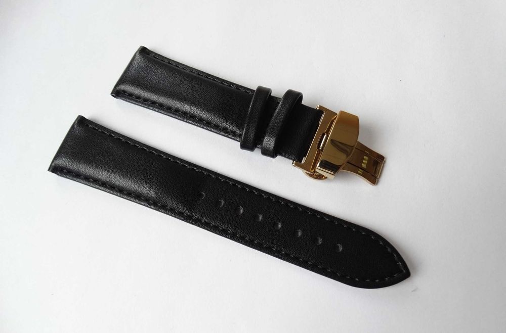 Czarny pasek do zegarka 22mm złota klamra motylkowa skórzany