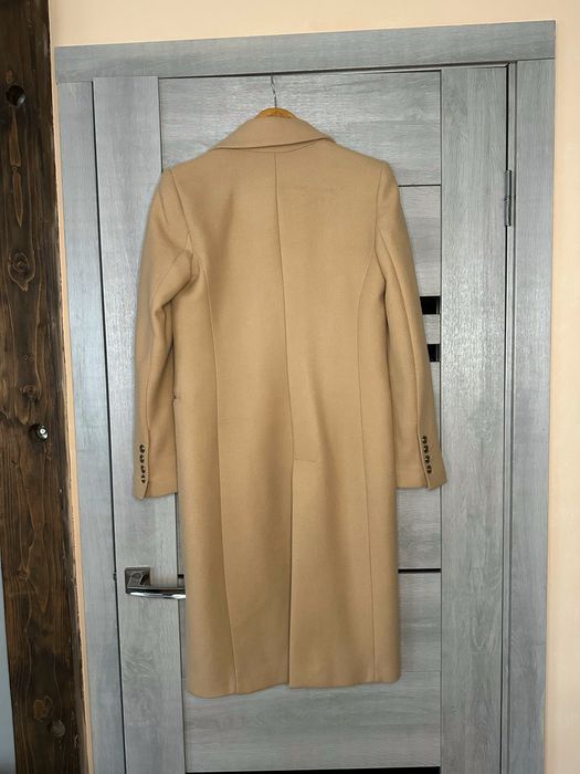 Вовняне пальто zara manteco двубортне приталене шерсть базове бежевий