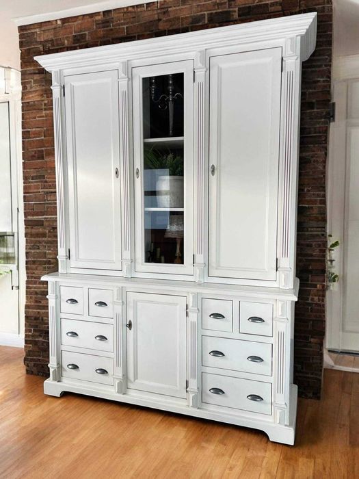 Drewniany Biały KREDENS witryna prowansalski zabudowany szufladnik