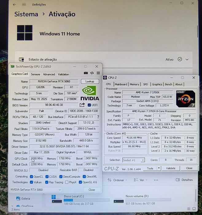 PC Gamer*NOVO* Ryzen 7 3700X 4,4ghz +RTX 5060 8gb+16gb+1,25TB NVME