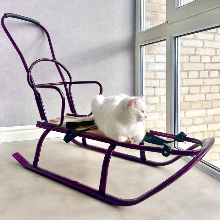 Дитячі санки Tako з ручкою, металеві, фіолетові, гарний стан