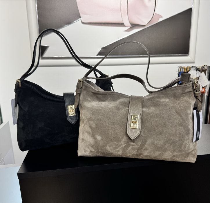 Замшева сумка бежева чорна Мягкая заишевая сумка бежевая черная