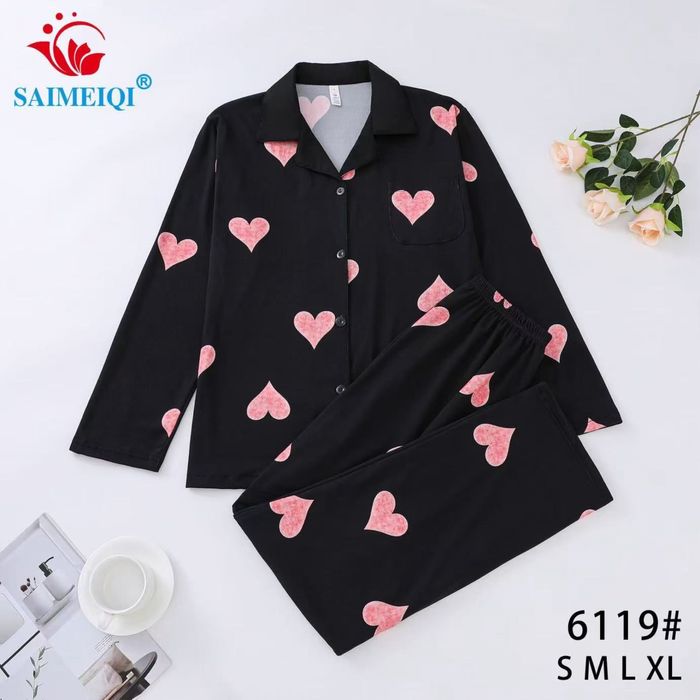 Жіноча чорна піжама з сердечками S–XL