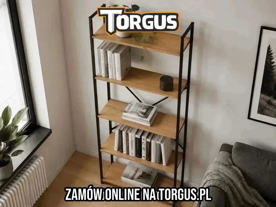 NOWY Regał Loftowy Na Książki 5 Półek Dąb Naturalny Industrialny Metalowy Stelaż Do Salonu Biura Sypialni Półki 144 Cm Biuro Zestaw Półka OKAZJA! FV