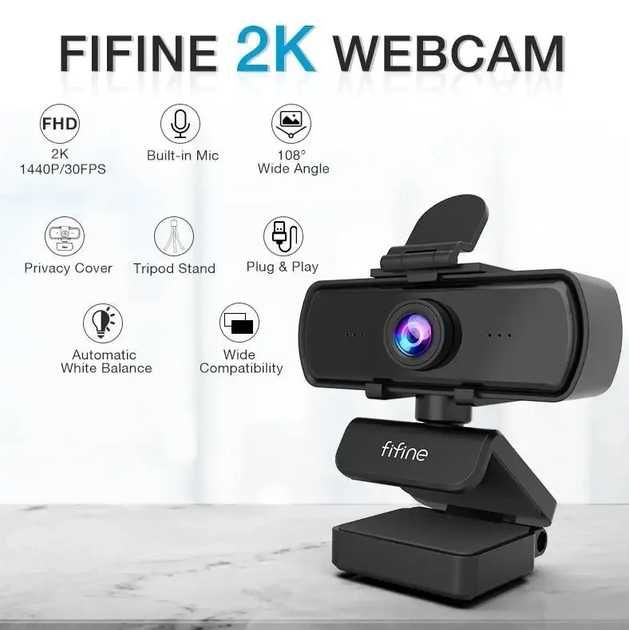 Веб камера 2K Fifine K420 з мікрофоном і штативом триногою webcam