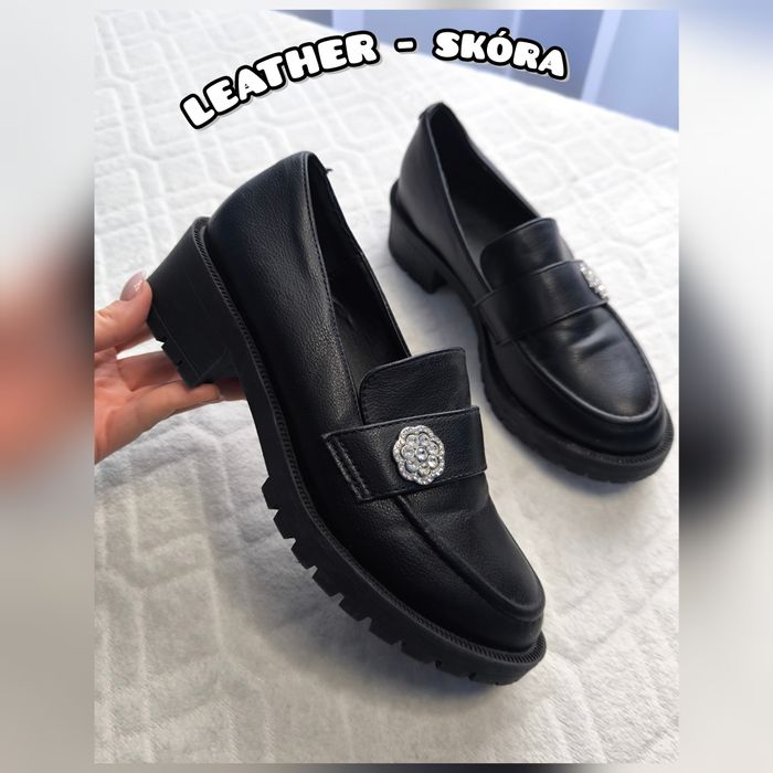 BIANCO - świetne skórzane mokasyny buty damskie wsuwane czarne r. 37