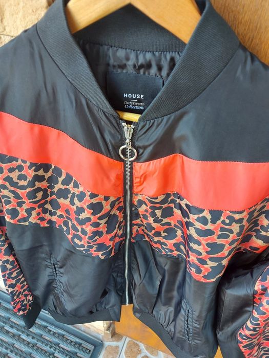 Kurtka bomber oversize M L czarna łososiowa/koralowa z panterką bomber