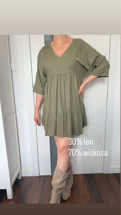 Next krótka sukienka lniana khaki