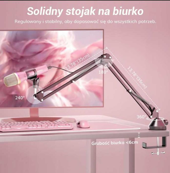 Tonor Mikrofon Dynamiczny USB Typ C RGB Różowy do Gier Podcast Karaoke