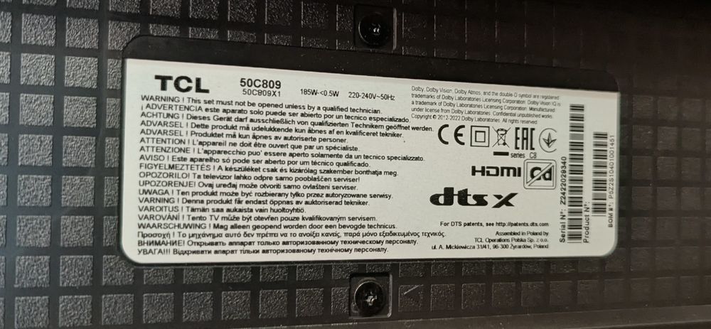 Telewizor TCL 50C809. Uszkodzona matryca.
