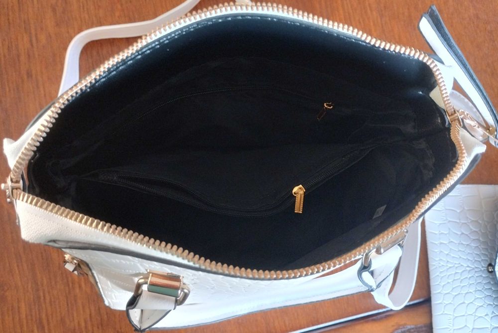 Conjunto Mala + Carteira Pele Branco Dourado Senhora