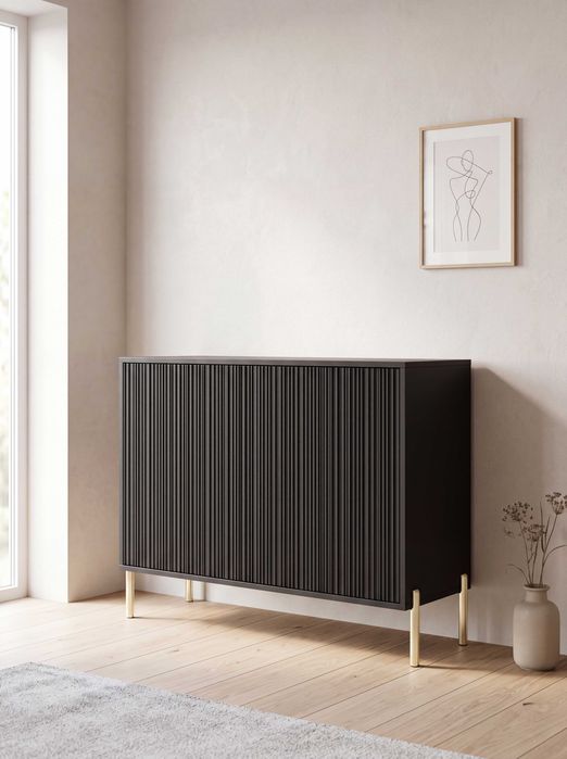 Komoda czarna ryflowana 104 cm złote nogi OSLO - wyprzedaż