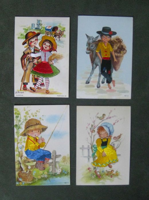 Conjunto de 8 Bilhetes Postais Bordados Espanha / Portugal
