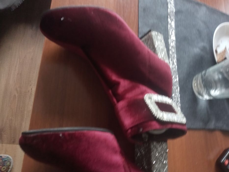 Botki bordo35 za kostke aksamit srebrne obcasy