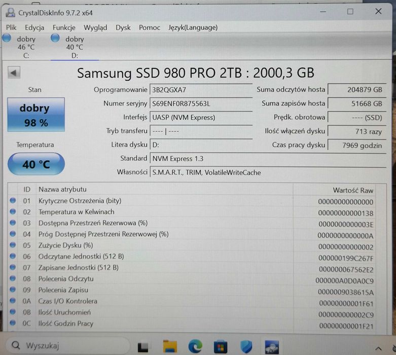 Dysk SSD Samsung 980 Pro 2TB V-AND SSD PCIe 4.0 NVMe M2 | 98% KONDYCJI | Roczna Gwarancja!| MEGA SZYBKI