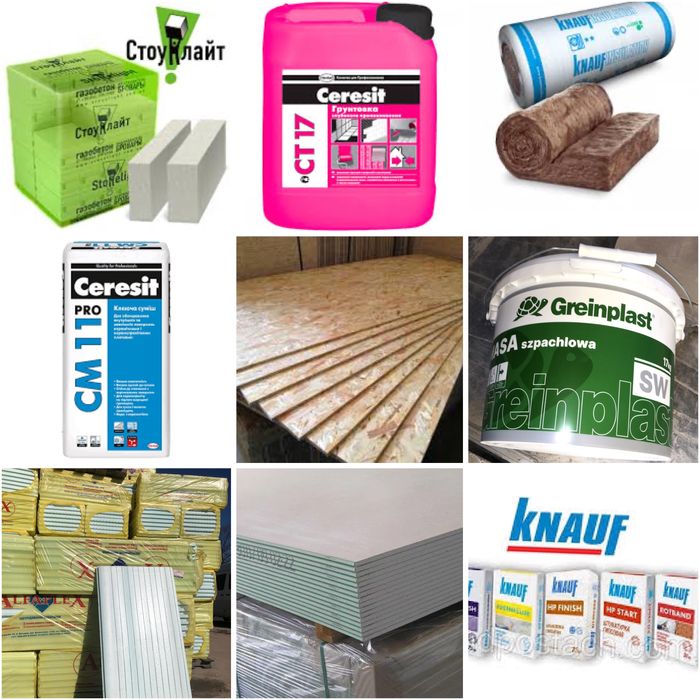 Гіпсокартон осб шпаклівка мінвата екструдований пінопласт блоки
