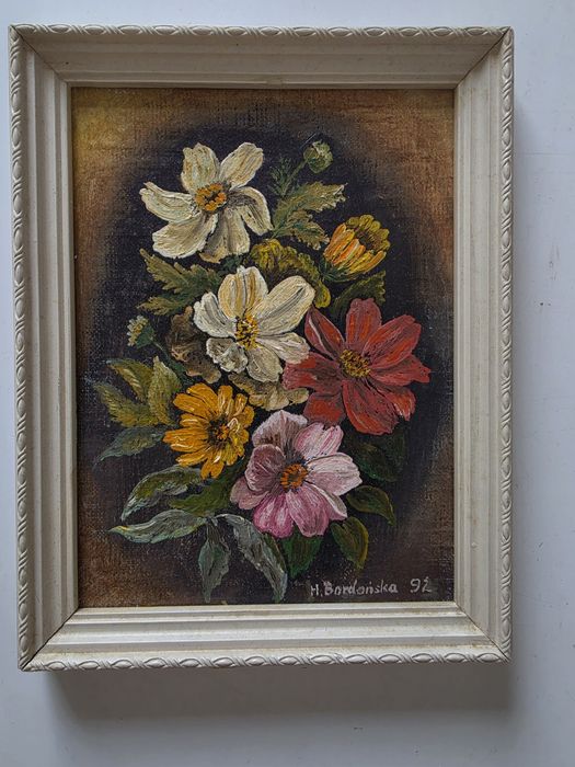 Obraz olejny vintage, Kwiaty – Halina Bardońska 1992 r.