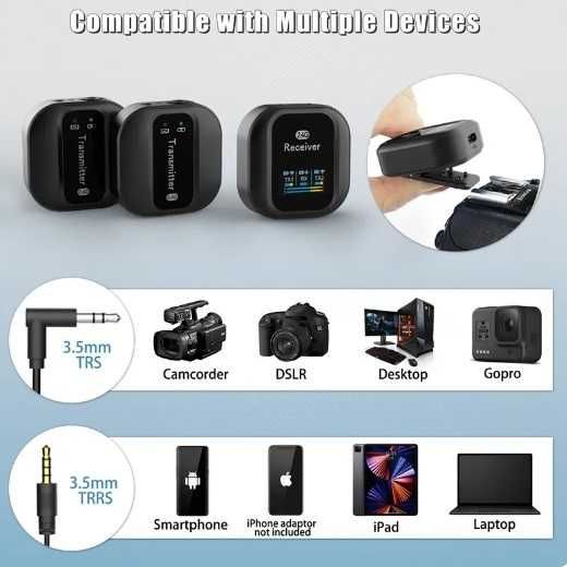 Microfone sem fios lapela 2 emissores e 1 receptor lavalier 2,4GHz