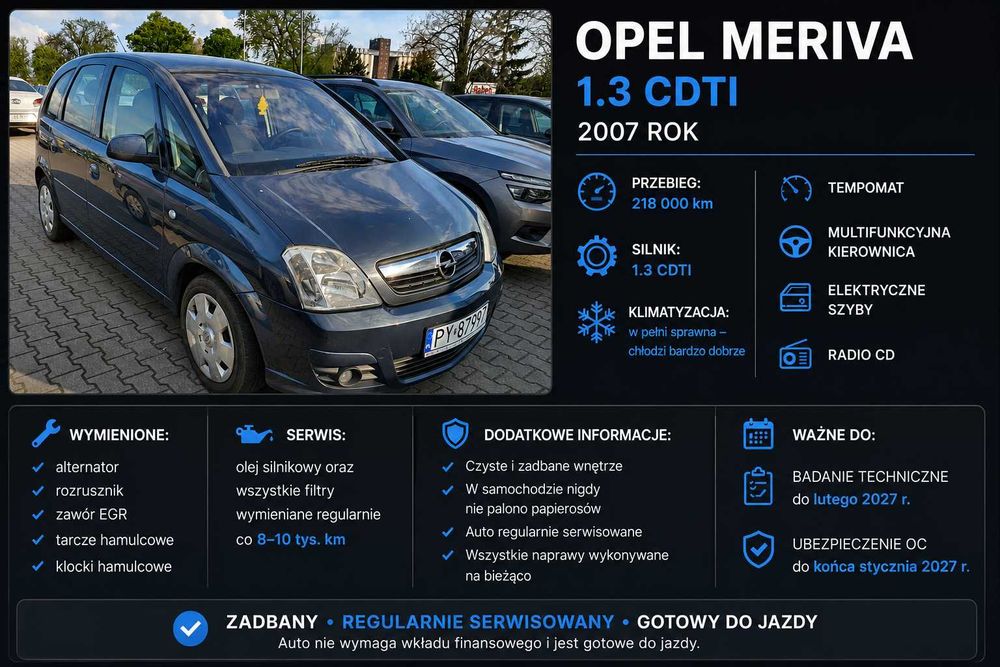 Opel Meriva 1.3 CDTI, 2007 r. – zadbany, regularnie serwisowany