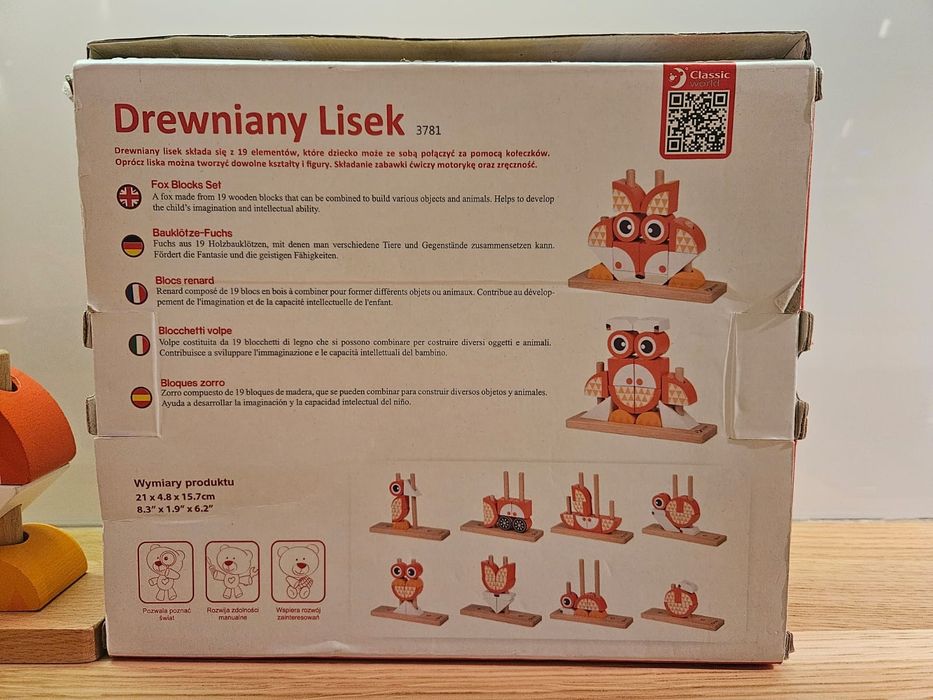 Drewniane klocki kreatywne Lis przestronne puzzle 3D montessori