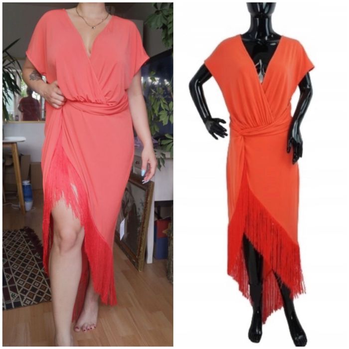 Czerwona sukienka midaxi maxi  frędzle 5 xl 50 asos