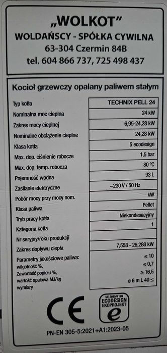 Kocioł piec 24kW pellet drewno ekogroszek węgiel 5klasa WOLKOT kotły