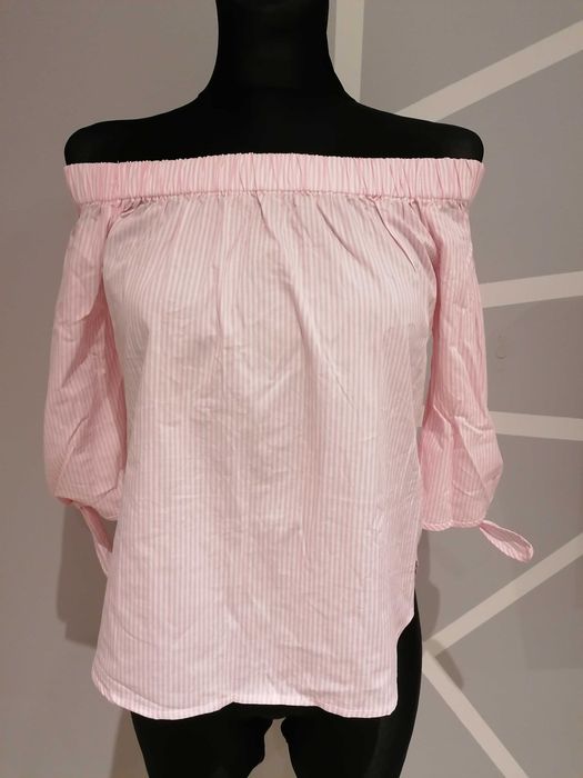 Bluzka hiszpanka, off shoulder, różowa, wiązania, paseczki