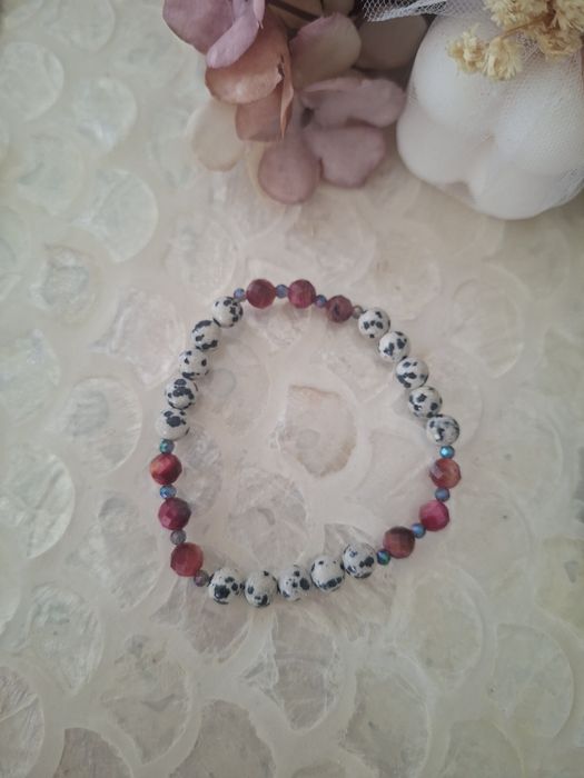 Bransoletka handmade z naturalnych kamieni hematyt jaspis dalmatyński i tygrysie oko