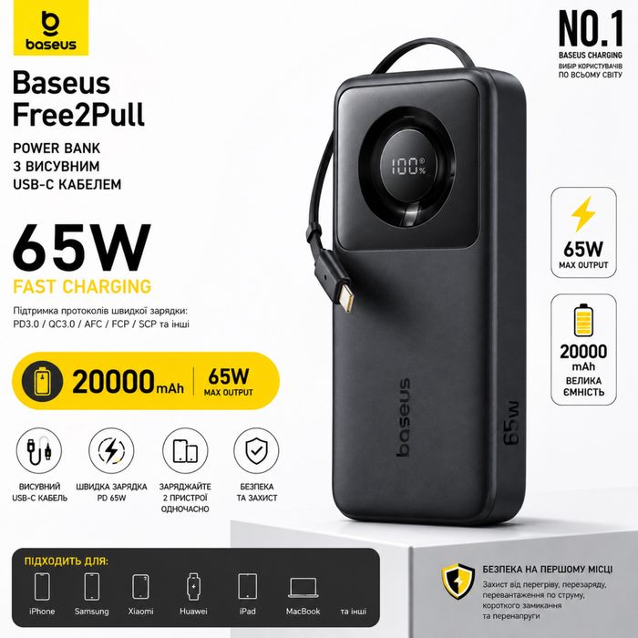 Power Bank Baseus Free2Pull 20000mAh 65W PD USB-C