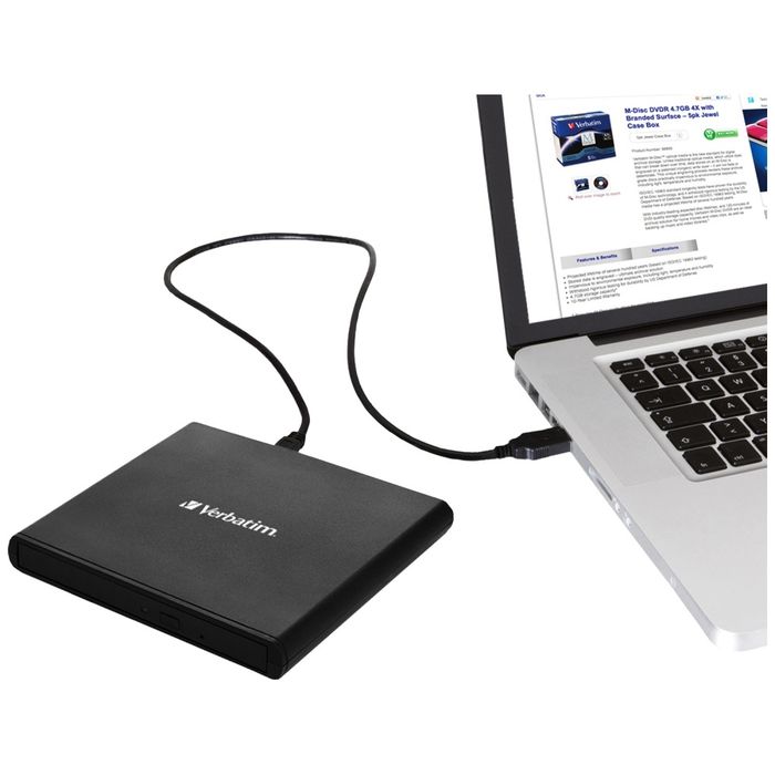 Verbatim Zewnętrzna nagrywarka Slimline  CD/DVD USB-A + kabel USB-A/USB-A do USB-C czarny/black 98938