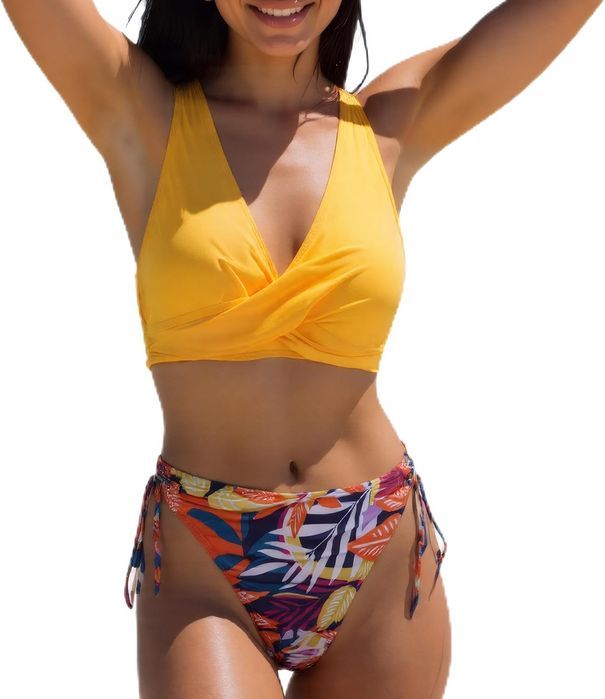 Bikini dwuczęściowe push-up kwiatowe żółte XXL