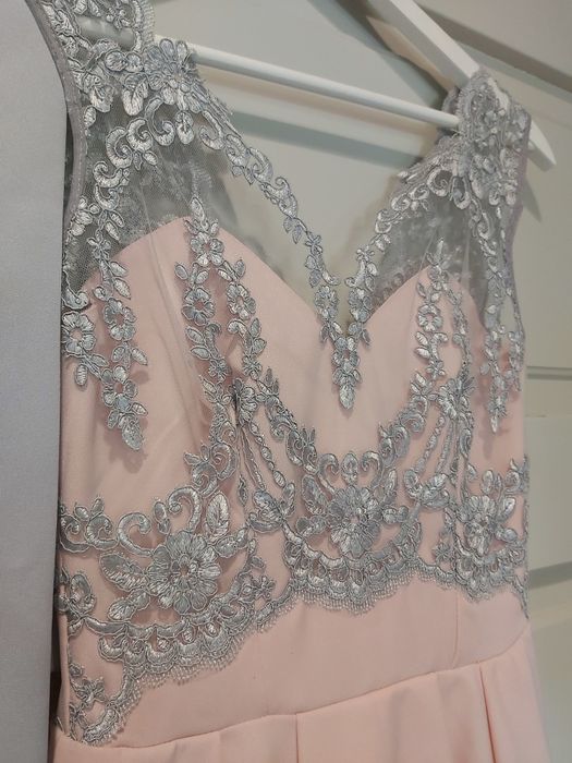 Sukienka damska BICOTONE, roz.34, nowa, jasny róż, szara koronka