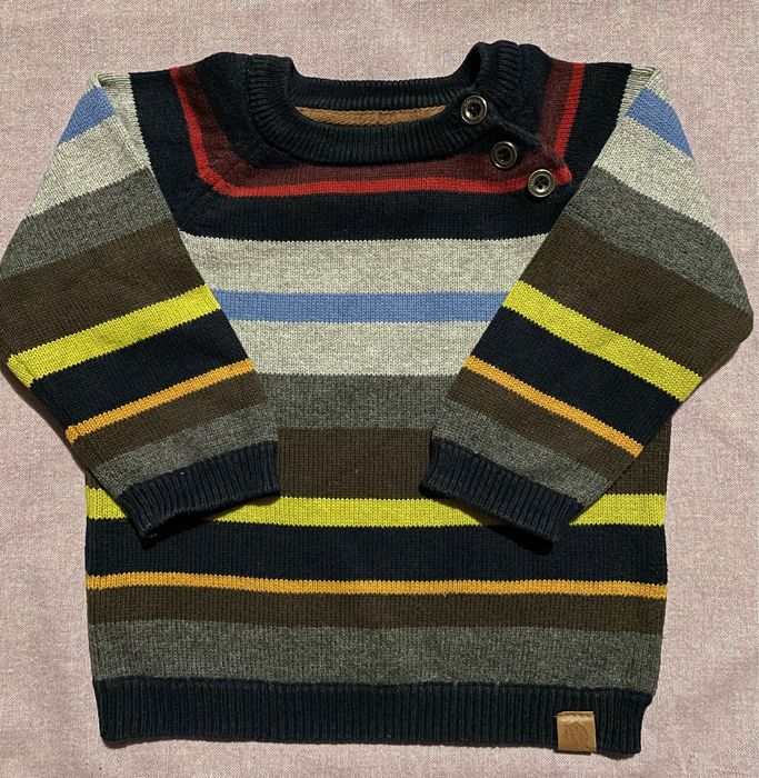 Sweter w kolorowe stonowane paski szare-niebieskie brązowe H&M 68