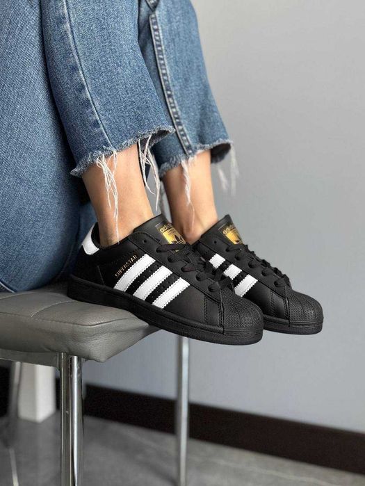 Кросівки Adidas Superstar Black White | кеди Адідас Суперстар чорного кольору шкіряні