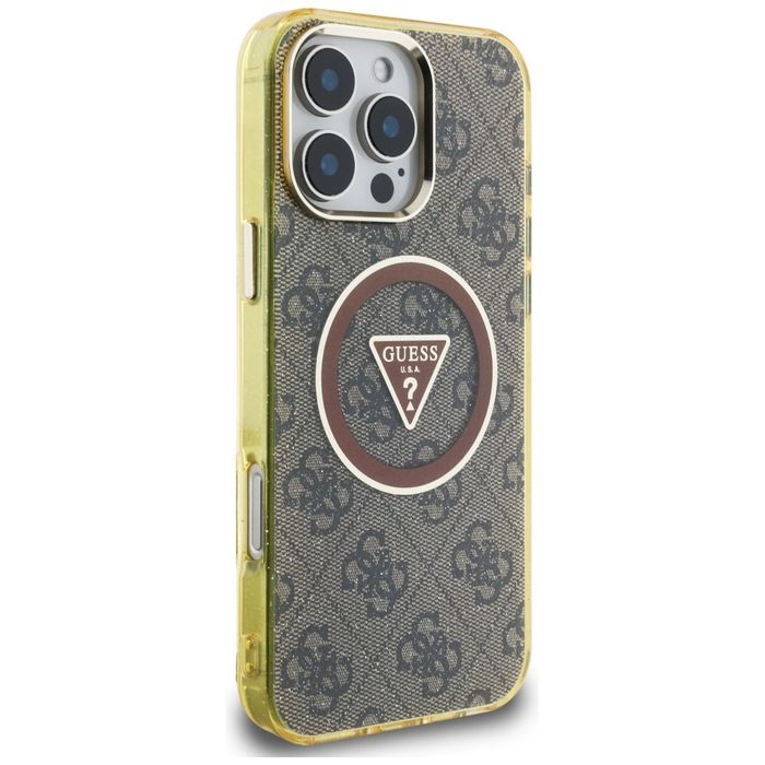 Etui Guess IML Metal Glitter 4G Circle Triangle MagSafe na iPhone 16 Pro Max - brązowe